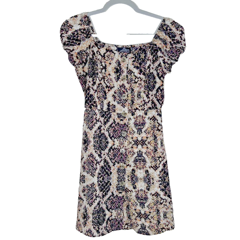 VTG Angie Womens M peasant button front animal print dress Boho Hippie Festival